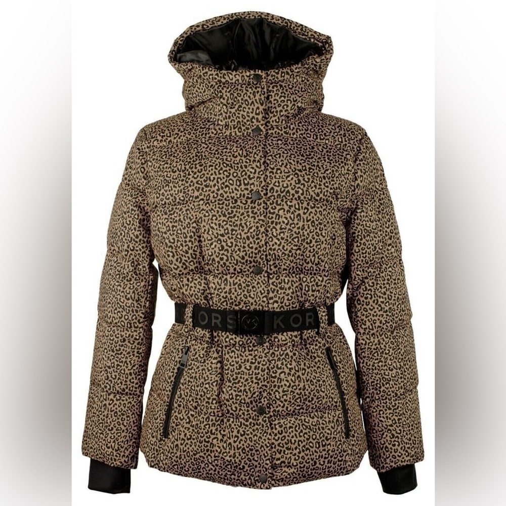 Michael Kors Women's Hooded Leopard Print Belted Puffer Coat Jacket NWT Size M